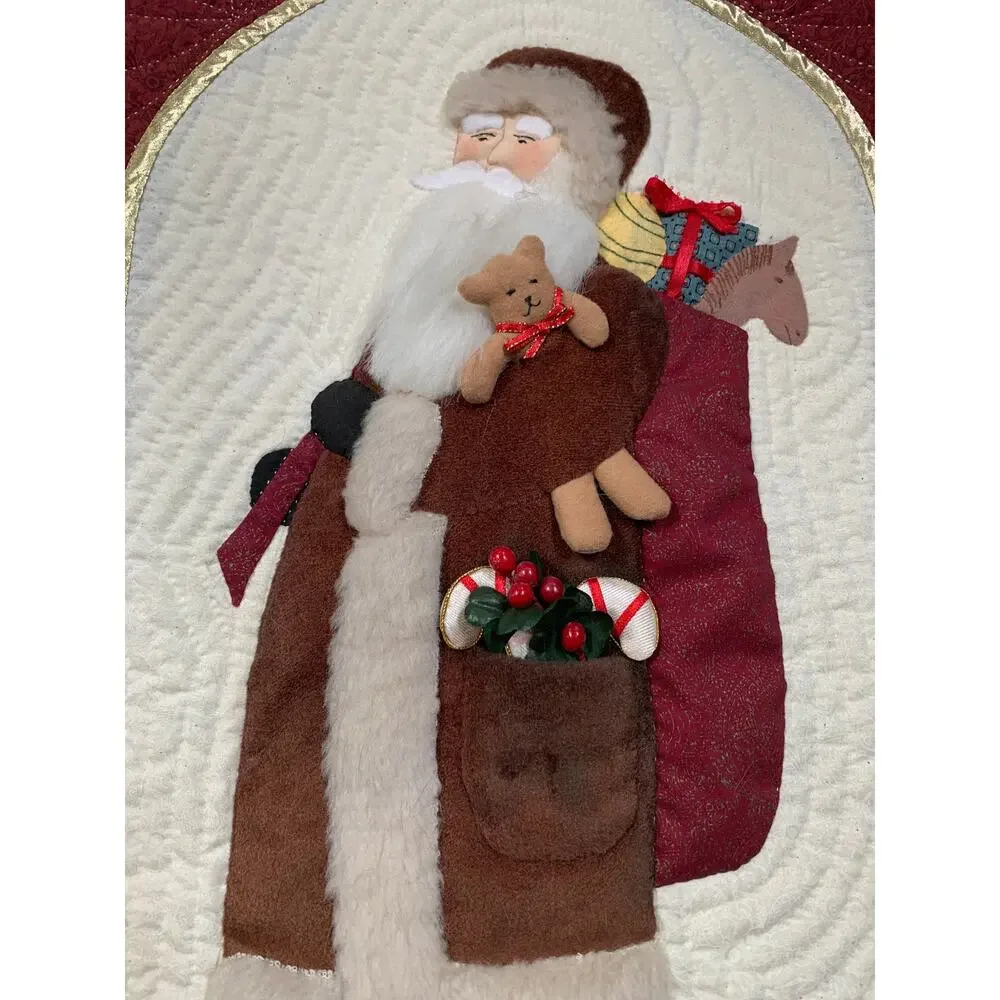 1996 Vintage Appliqué Quilted Block Old World Santa Wall Hanging With Rod 33x21